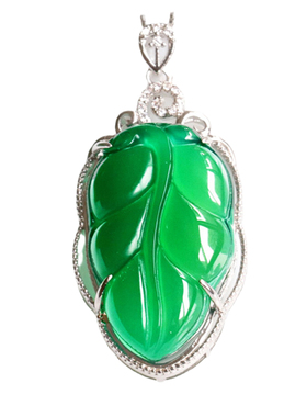 925银镶绿玉髓金枝玉叶树叶吊坠玉石玛瑙气质饰品女士项链不配链