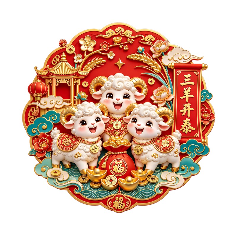 三羊开泰墙贴国风圆形羊年新年喜庆平安富贵招财防水自粘装饰贴纸