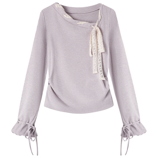 慕兔法式斜领蝴蝶结系带上衣女2025秋季新款别致漂亮掐腰长袖t恤