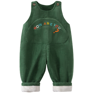 婴儿灯芯绒背带裤外出冬装宝宝条绒裤子加绒秋冬绿色衣服男童女童