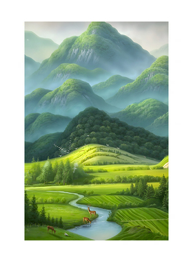 背靠青山流水生财麋鹿玄关装饰画入户竖版山水画客厅走廊风景挂画
