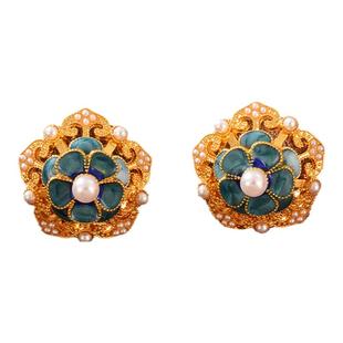 新中式国风景泰蓝珍珠耳钉银针点翠琉璃烧蓝耳环复古宫廷汉服耳饰