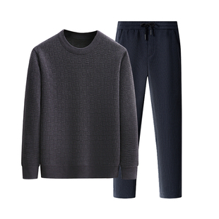 爸爸冬季保暖套装加绒加厚新款中年男士毛衣裤子两件套中老年男装