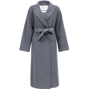 ONLY2025冬季新款绵羊毛羊驼毛翻领长款系带双面毛呢大衣外套女