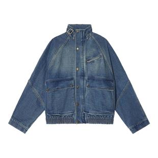 Unvesno UN水洗立领脖带插肩廓形牛仔夹克保暖加厚秋季短廓外套