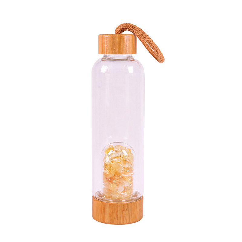 天然水晶碎石内胆小口竹盖提绳玻璃杯茶杯学生水瓶户外运动喝水杯