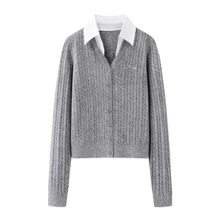 艾诺丝国内代购2025冬季新款绵羊毛衬衫领拼色针织衫毛衣女801150