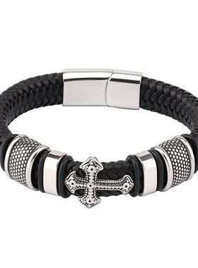 欧美黑武士十字架手链男士皮绳