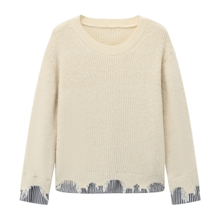 Basic House/百家好假两件不规则破洞毛衣冬季绵羊毛条纹拼接上衣