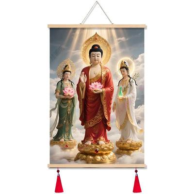 西方三圣画像中式实木卷轴