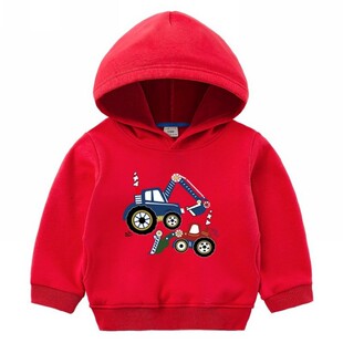 冬季纯棉童装新款男女童勾机挖掘机推土机儿童一体绒加厚连帽卫衣