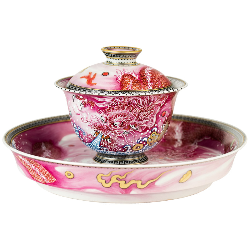 圣山高端黑翠粉彩宝石红手绘《如意钱多多龙纹》陶瓷盖碗茶具茶杯