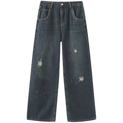 CUBIC棉感破洞直筒牛仔裤