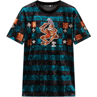 BM美式复古卫衣男潮ins潮牌卡通印花烫钻条纹丝绒短袖男装打底衫