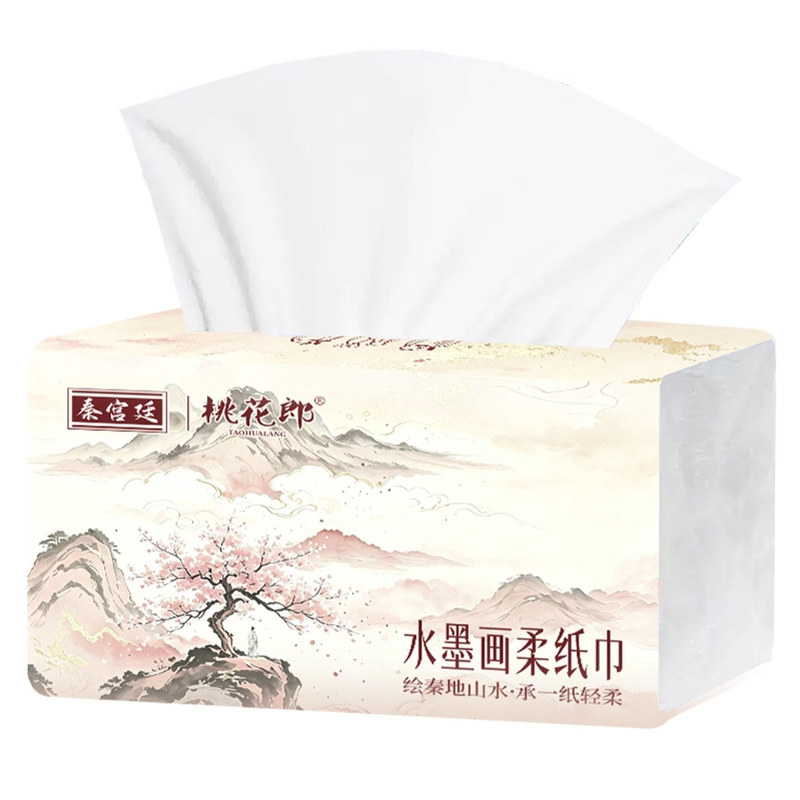 K秦宫廷桃花郎水墨画原生木浆抽纸10包装 300张5层加厚家用卫生纸
