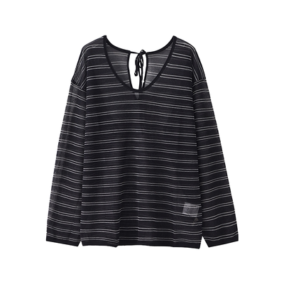 SecondMoon纸片人清透感亚麻前后两穿条纹套头针织衫