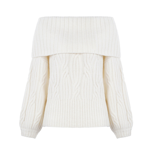 LYNEE【半月针织衫】羊毛混纺一字肩扭绳上衣 套头绞花针织毛衣