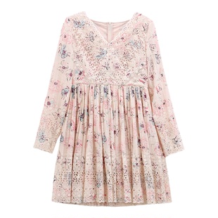 芭依璐2026春季新款长袖连衣裙法式甜美蕾丝V领重工印花小众裙子