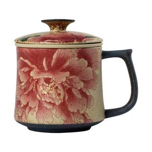 牡丹花青花火石红办公杯茶水分离泡茶杯复古陶瓷水杯带盖个人专用