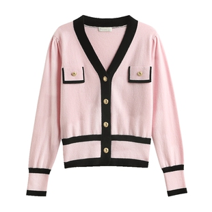 帕罗100%山羊绒秋冬新款V领撞色百搭宽松小香风针织羊绒开衫女