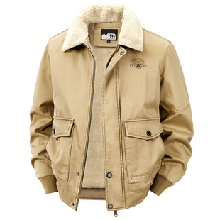 加绒保暖飞行服夹克外套男士多口袋工装棉衣中老年爸爸装加厚棉服