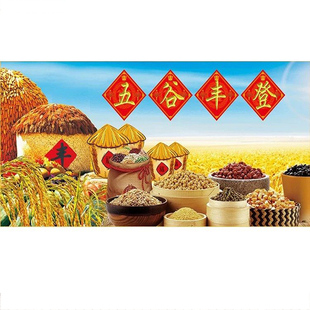 打谷场墙纸农民打粮食插画室内游乐场丰收稻田背景壁布3D粮仓壁纸