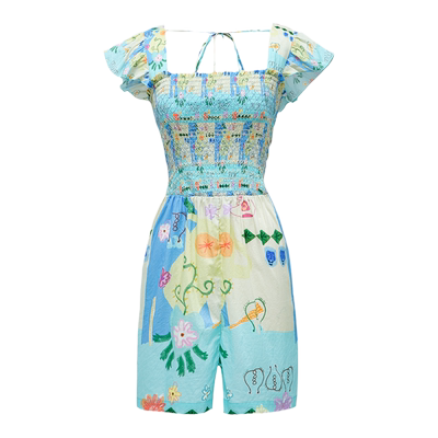 tanni休闲印花飞飞袖阔腿连体裤