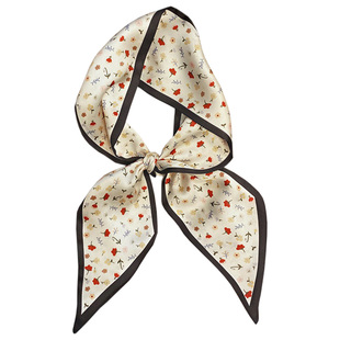 清新韩版小花长条双面小丝巾女外搭气质打结领巾两用绑包丝带黑色