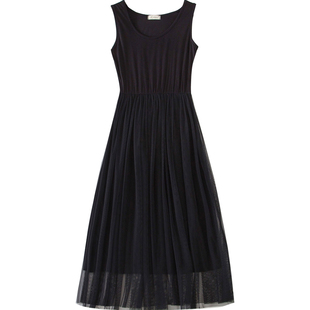 2025年新款背心吊带纱裙长款内搭蕾丝网纱打底黑色连衣裙春秋大码