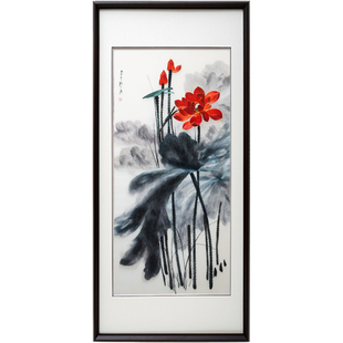 竖版张大千荷花纯手工精品刺绣走廊玄关过道带框可定制的成品挂画