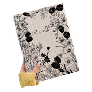 适用于ipad保护套ipad9壳黑色花朵苹果air5第十代平板2022新款pro11带笔槽10.2硅胶全包mini6防摔ari4书本式