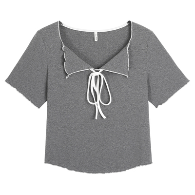 大码短袖V领撞色正肩绑绳T恤上衣