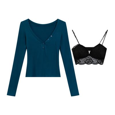 红色长袖U领修身女团T恤