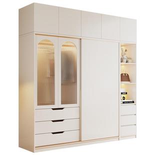 衣柜卧室家用法式奶油风实木推拉门玻璃衣橱定制简易组装储物柜子