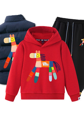 男童运动休闲套装新年衣服红色