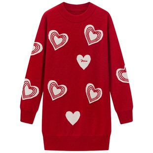 【新年】英氏女童毛衣裙26年新款儿童女宝红色连衣裙中长款拜年服