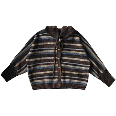 连帽撞色条纹蝙蝠袖开衫毛衣