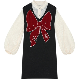 妖精的口袋丝绒蝴蝶结雪纺拼接连衣裙女2026年春秋新款甜美假两件