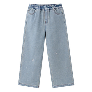 安奈儿童装女童牛仔裤2026夏新款甜美时尚弹力透气微宽松浅蓝长裤