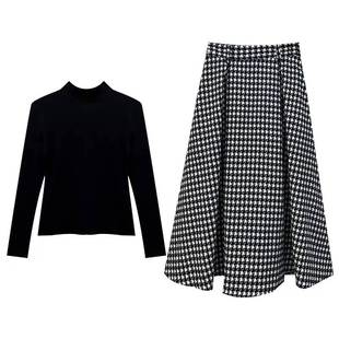 时尚套装千鸟格高腰半身裙有口袋春装黑打底V领针织衫两件套裙女