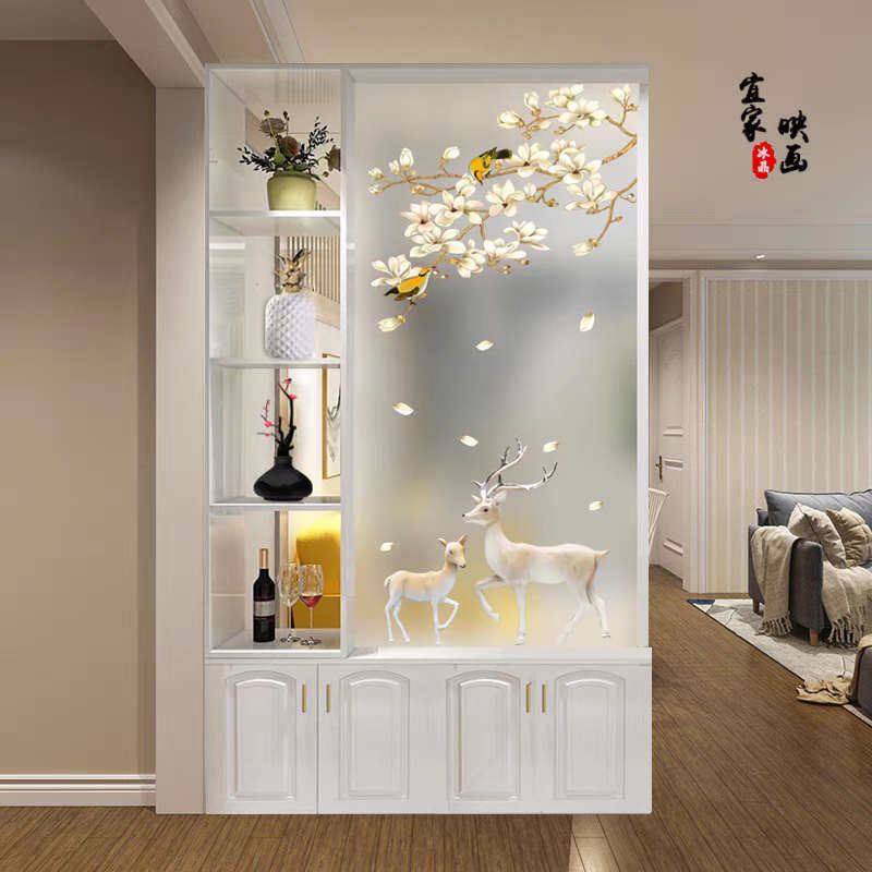 现代彩绘艺术玻璃屏风隔断背景墙透光磨砂双面入户酒柜钢化隔断墙