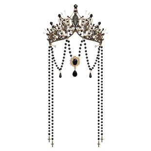 女童黑色复古流苏王冠儿童演出走秀夸张头饰耳环套装布偶娃娃皇冠