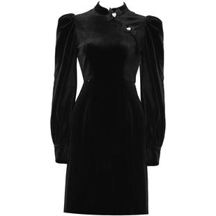 DPLAY秋装新复古新中式黑色爱心蝴蝶结连衣裙短款丝绒旗袍