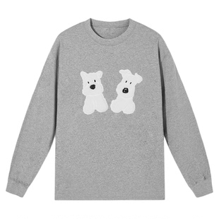 PSO Brand 男装女装可爱贴布绣小狗针织长袖T恤圆领上衣情侣体恤