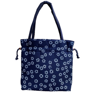 手工蜡染蓝印花布女士手提包抽绳束口小碎花布包乌镇特色抽带手袋