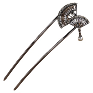 扇影摇光-复古扇形珍珠水钻发簪国风汉服盘发步摇古典雅致头饰女