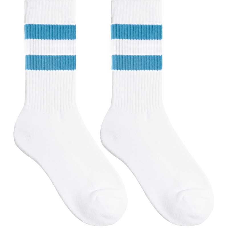 sockkon 男士高筒白色蓝条纹两条杠运动袜健身吸汗毛巾底棉袜子