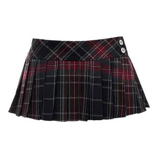 美式辣妹纯欲烫钻高领不规则上衣朋克格纹百褶包臀a字短裙套装女