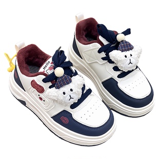 女童冬季新款板鞋大棉加厚绒时尚百搭休闲卡通板鞋带挂件魔术贴