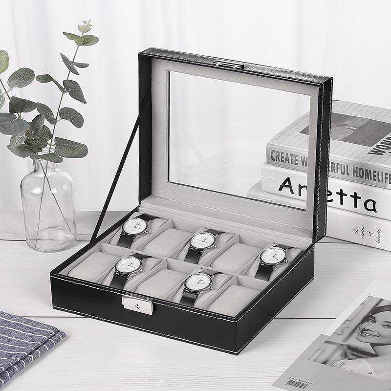 外贸热销PU皮高级感10收纳盒位天窗展示扣手表透明字灰盒内日手表